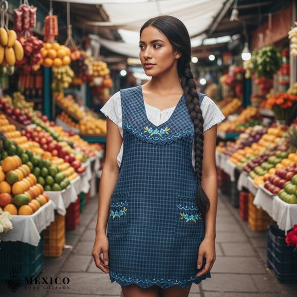 Blue Mexican Embroidered Apron – Essential Cotton Blend Kitchen Apron - Picture 2 of 8